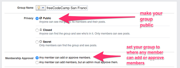a screenshot showing the Facebook settings panel and where you can click to set the group to public and allow all members to be able to add or approve members